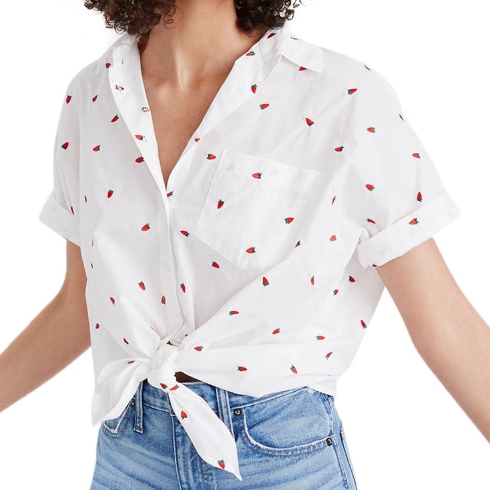 Madewell embroidered strawberries tie-front shirt